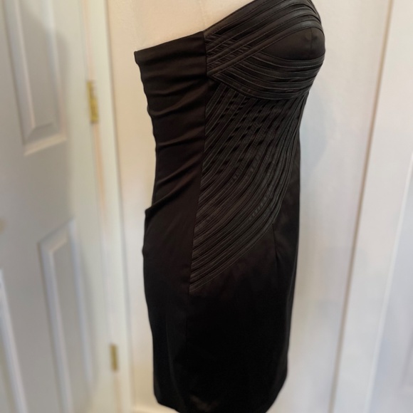 Black Satin Mini dress w/ Faux Leather accents Strapless LBD S/M - Picture 6 of 8